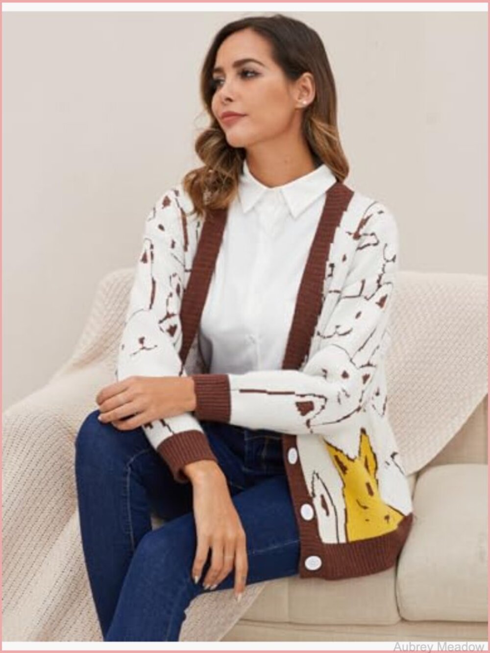 Oversized Kawaii Cat Cardigan Sweater Button Down V-Neck Lightweight Knit - Picture 3 of 7